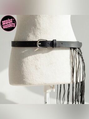 Y2K 2000s style Black leather fringe belt with silver buckle